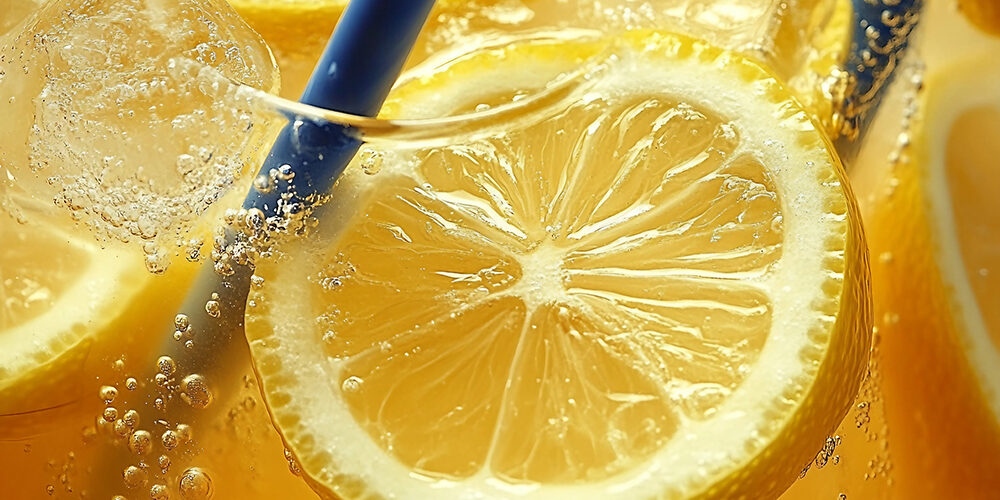 Close up of lemon slices in stirring the lemonade and ice cubes
