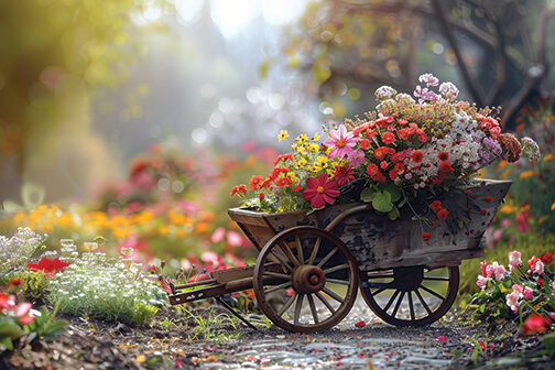 A vintage wooden wagon overflowing with colorful summer flowers Gardens on the Go