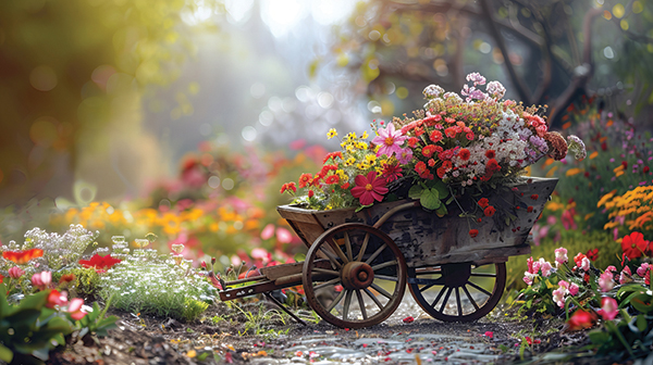 A vintage wooden wagon overflowing with colorful summer flowers Gardens on the Go
