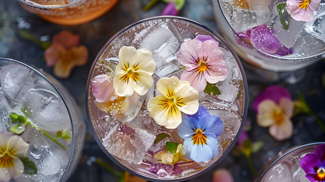 Soda with Edible Flowers and Ice Refreshing Floral Infused Bev the hibiscus sunset