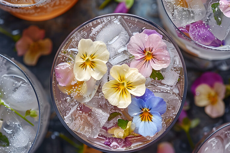 Soda with Edible Flowers and Ice Refreshing Floral Infused Bev the hibiscus sunset