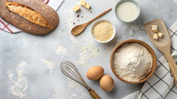 Fresh baking ingredients like flour, eggs, milk, and butter are neatly arranged on a dusty kitchen counter, ready for delicious homemade recipes. bakehouse